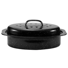 Granite Roaster Pan, Small 13” Enameled Roasting Pan with Domed Lid. Oval Turkey