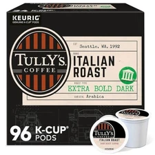 Tully's Italian Roast Coffee Keurig K-Cup Pods, Dark Roast, 96 Count.