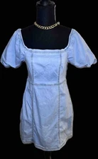 Sanctuary Smocked-Back Puff-Sleeve Denim Dress Pastel Blue Pullover - Size 4
