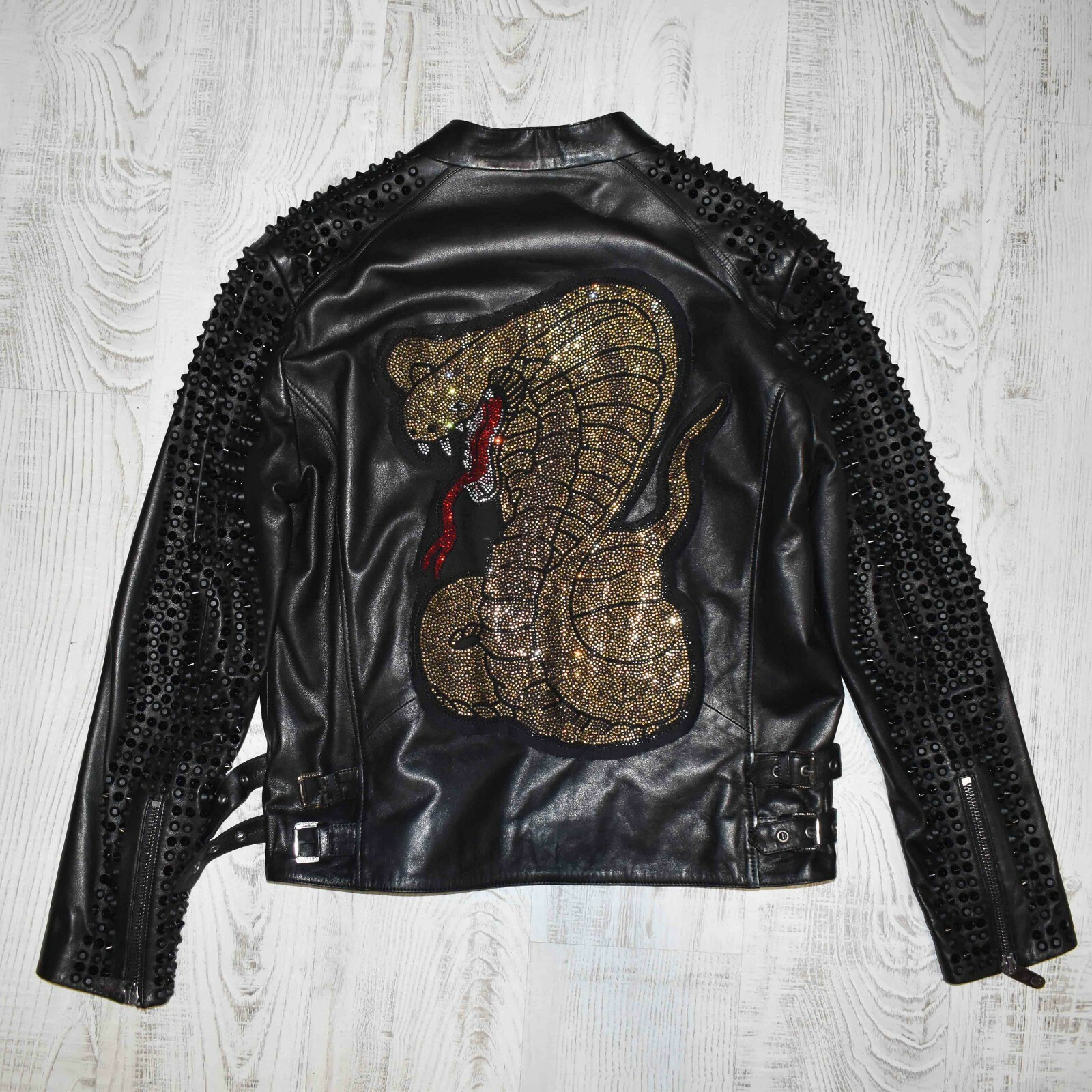 Philipp Plein Crystal Cobra Printed Black Men Genuine Leather Jacket With Studs