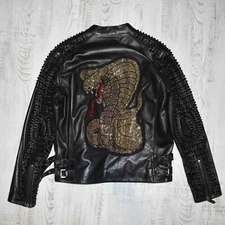 Philipp Plein Crystal Cobra Printed Black Men Genuine Leather Jacket With Studs