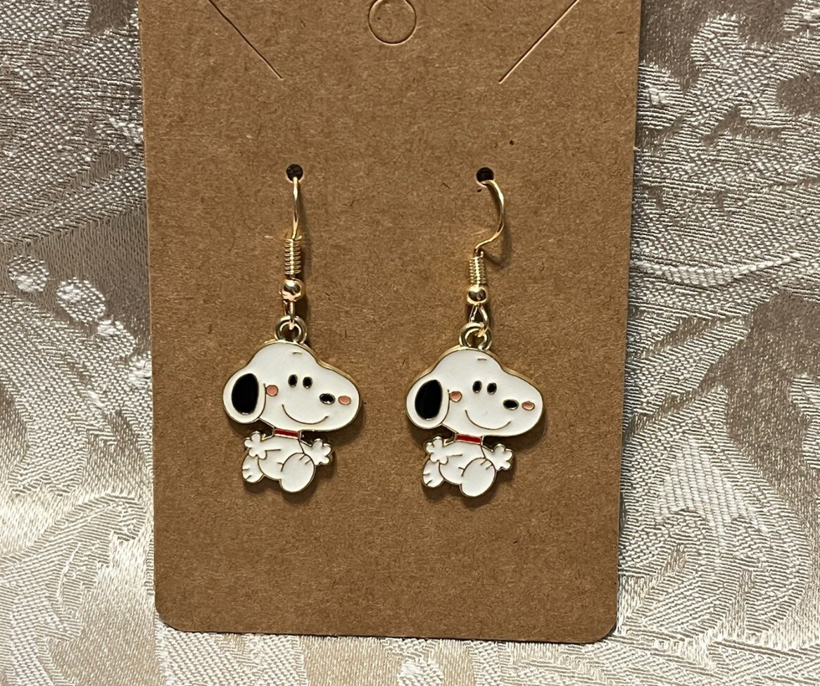 Snoopy Gold Loop Enamel Drop Dangle Adorable Earring Set