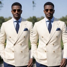 Ivory Men's Suits Peak Lapel Double Breasted Formal Wedding Groom Tuxedos 2pcs