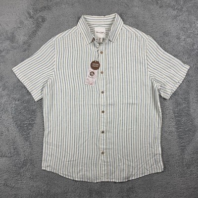 Panama Jack Linen Blend Button Down Shirt Mens M White Blue Striped Coastal NWT