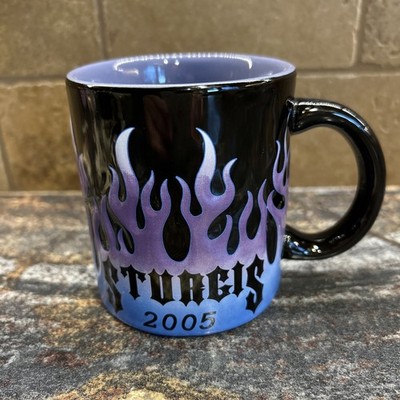 Sturgis 2005 Harley Davidson Coffee Mug Black, Purple, Blue Embossed Flames Nice