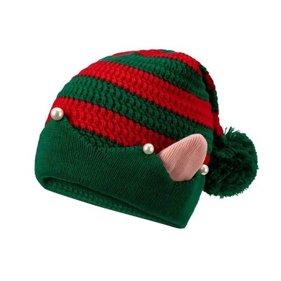 Christmas Beanie Adults Santa Hat With Ears Knitted Crochet Elf Cap Warm