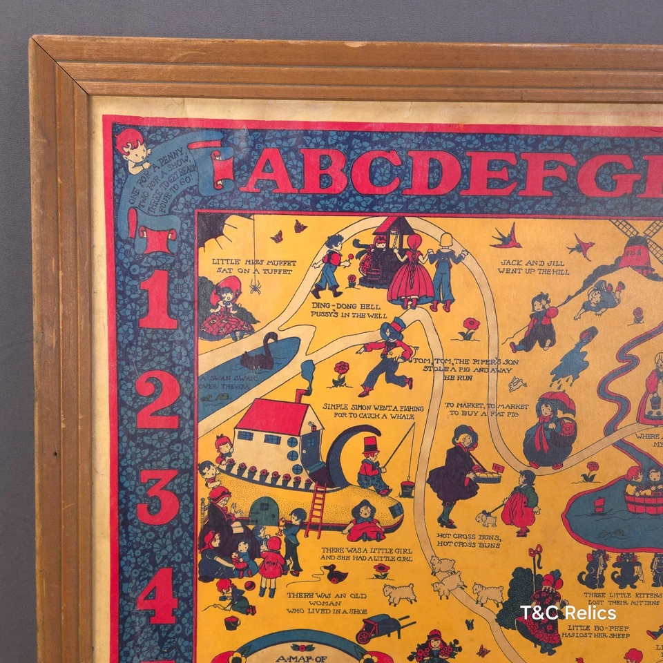 Impresión artística de madre ganso 1933 mapa de rima infantil números ABC enmarcado en madera 18x23x1 Foto 4 de 4