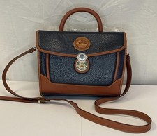 Vintage Dooney  Bourke All-Weather Leather Satchel Bag Navy Tan Top Handle 90s