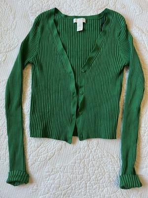 H&M Green Ribbed Knit Cardigan Sweater Button Front V-Neck Women s Small