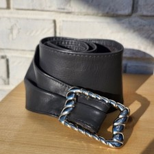 Vintage Wide Leather Belt w/ Silver Buckle 80s 90s Retro Festival Waist Cincher