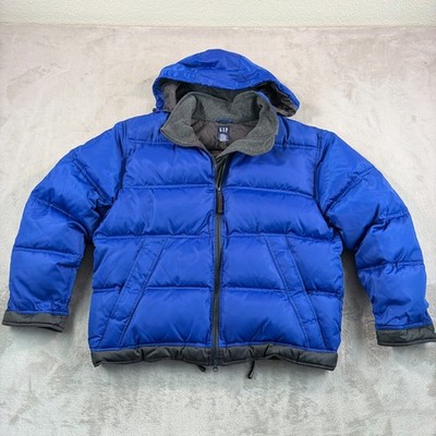 VTG Gap Goose Down-Filled Puffer Hooded Jacket Men Large Blue Wool Lined Cuffs