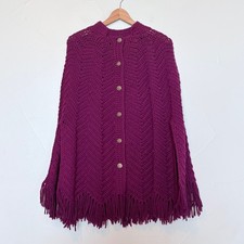 Vintage Handmade Purple Crochet Poncho Cape Button Front Fringe Magenta Boho