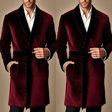 Burgundy Velvet Men's Smoking Jacket With Belt Dinner Party Prom Men Long Coat