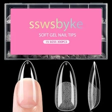 Medium Almond Nail Tips, SSWSBYKE 300pcs Soft Gel Nail Tips for Full Cover Pre-S