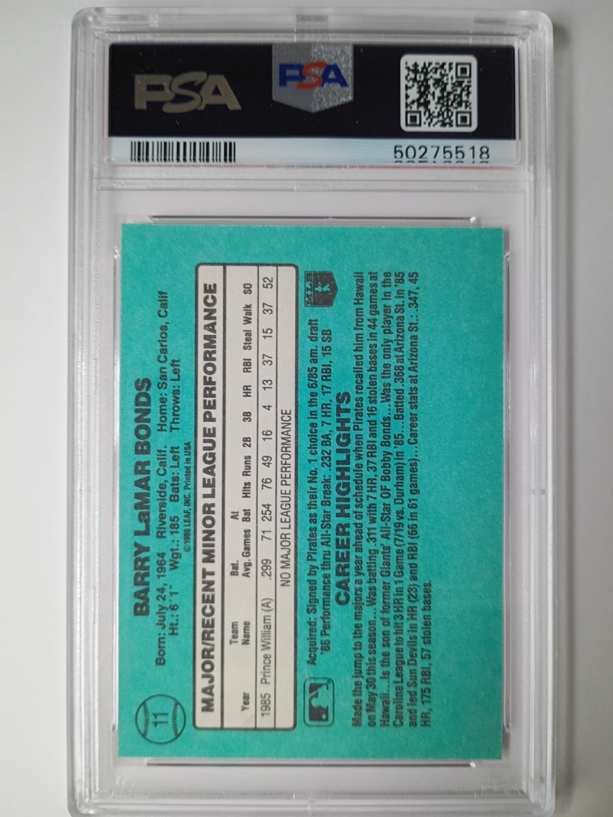 1986 Donruss The Rookies Barry Bonds #11 PSA 8 NM-MT view 2