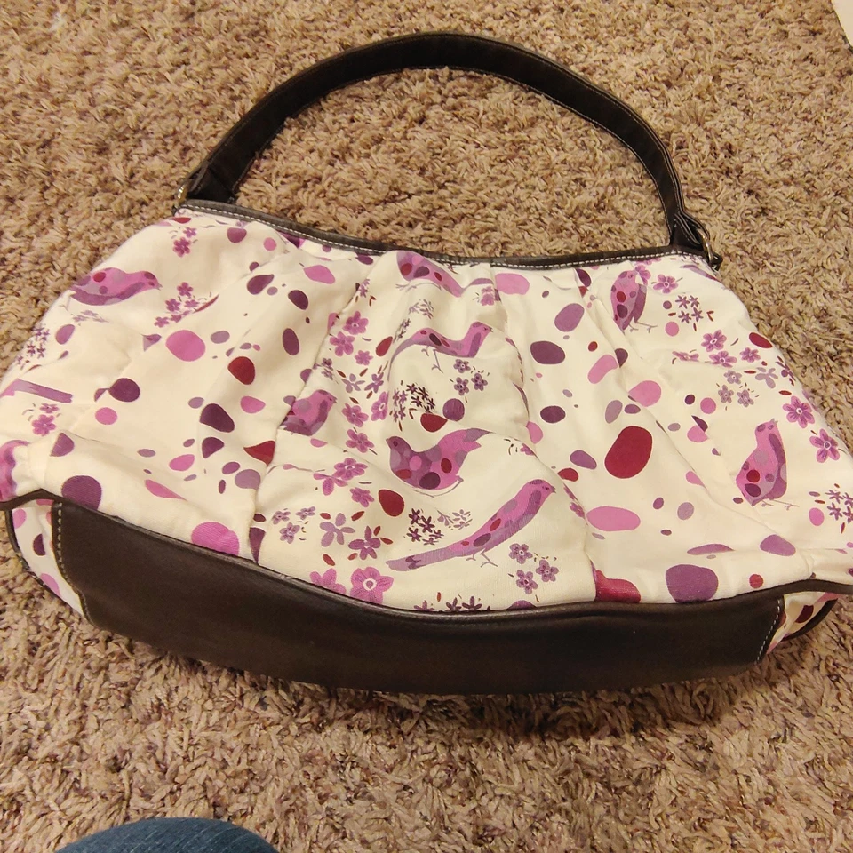 Bolso de Hombro Cacharel Parfums, Blanco con Patrón de Pájaro Morado, Borde Marrón B51 Foto 3 de 4