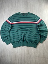Tommy Hilfiger Mens Sweater Green Striped Crew Neck Cotton Jumper Size L