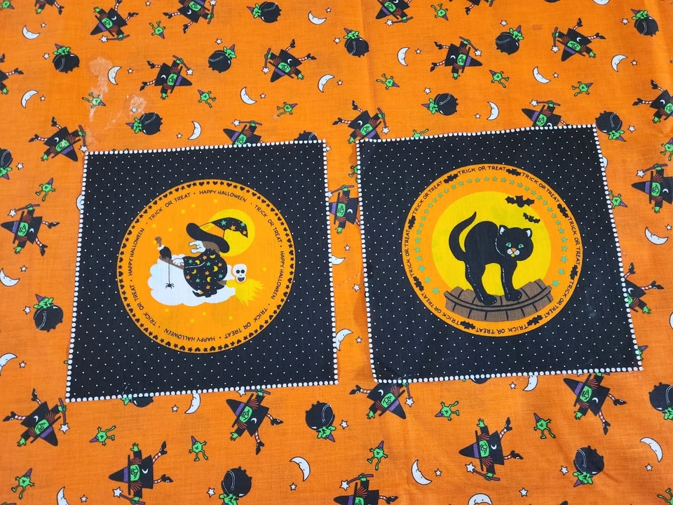 Vintage Halloween Witch Frog Cotton Fabric Wamsutta Hallmark 45" X 96" + Squares - Image 2 of 4