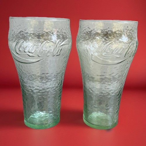 Coca Cola Light Green Aqua Pebble Textured Drinking Glasses Set Of 2 Vintage
