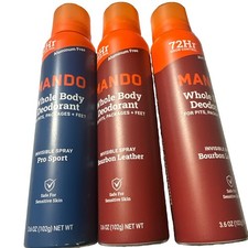 3x Mando Whole Body Deodorant Spray Bourbon Leather and Pro Sport 3.6 oz New