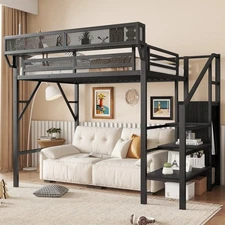 Twin Size Loft Bed Stairs Metal Full Loft Bed with Storage Shelves High Loft Bed