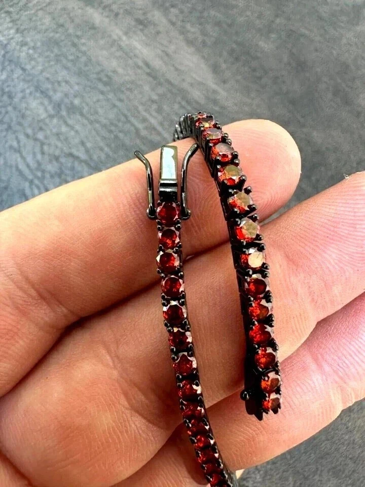 5Ct Round Cut Lab Created Garnet men's Tennis Bracelet 14k Black Gold Plated 8" - Image 2 of 3