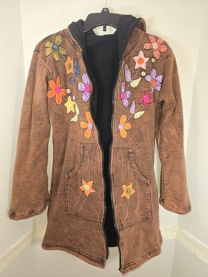Boho S-M Hippie Chic Retro Festival Brown Hoodie Jacket Acid Finish Embroidered