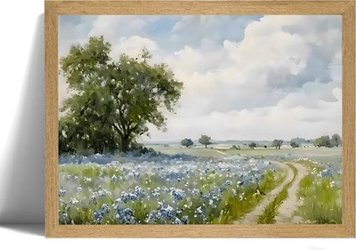 Blue Landscape Wall Art Framed Canvas Vintage Wildflower Farmhouse Pictures W...