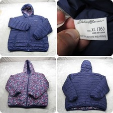 Eddie Bauer Down Jacket Kids XL 16 Blue Floral Reversible Insulated Hooded Puff