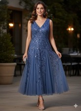 Ever-Pretty Blue Sequin Floral Tulle Midi V-Neck Sleeveless Dress Zip Women's