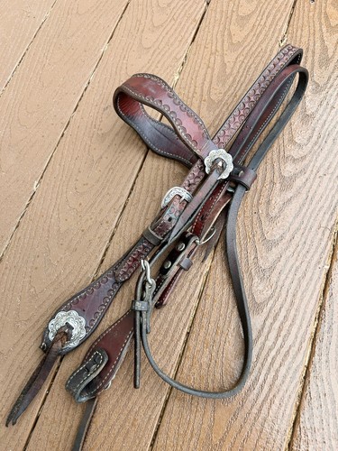 USED WEAVER LEATHER BROWBAND HEADSTALL SILVER COWBOY STYLE TOOLED HORSE BRIDLE