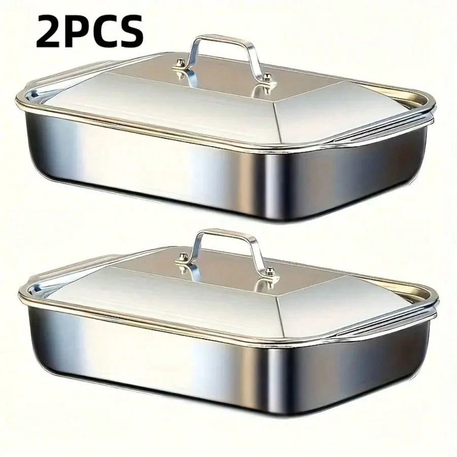 4Pcs Stainless Steel Deep Fish Baking Tray With Lids For BBQ, Buffet, Cooking