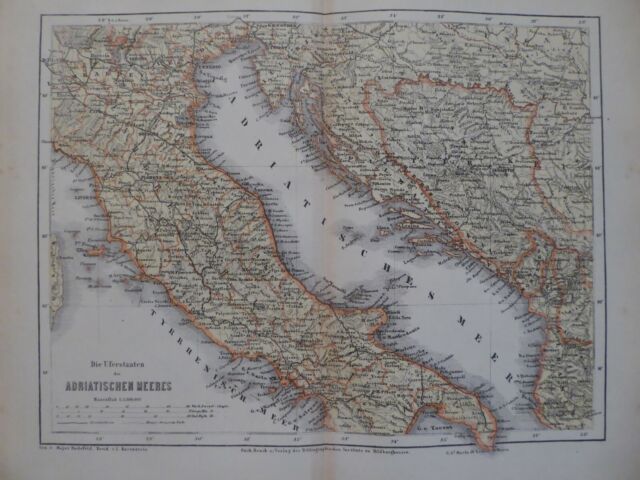 Landkarte Uferstaaten der Adria Italien Dalmatien Stich 1871 Meyer 2.Aufl.