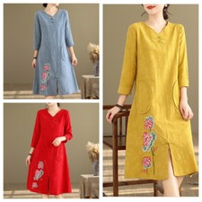Women Embroidered Dress Cotton Chinese Ethnic Slit A-line Floral Midi V Neck