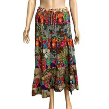 90s VTG Hippie Boho Tiered Midi Skirt S/M Colorful Batik A-line Vacation Floral