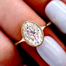 3Ct Oval Cut Real Moissanite Bezel Set Engagement Ring 14K Yellow Gold Plated