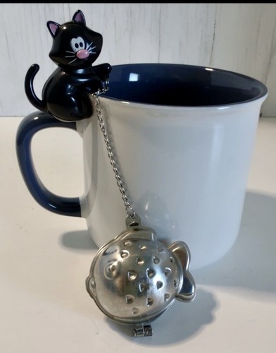 Joie Meow Cat Loose Tea Infuser Strainer BLACK Cat W/ Fish Shaped Infuser NEW - Picture 6 of 6