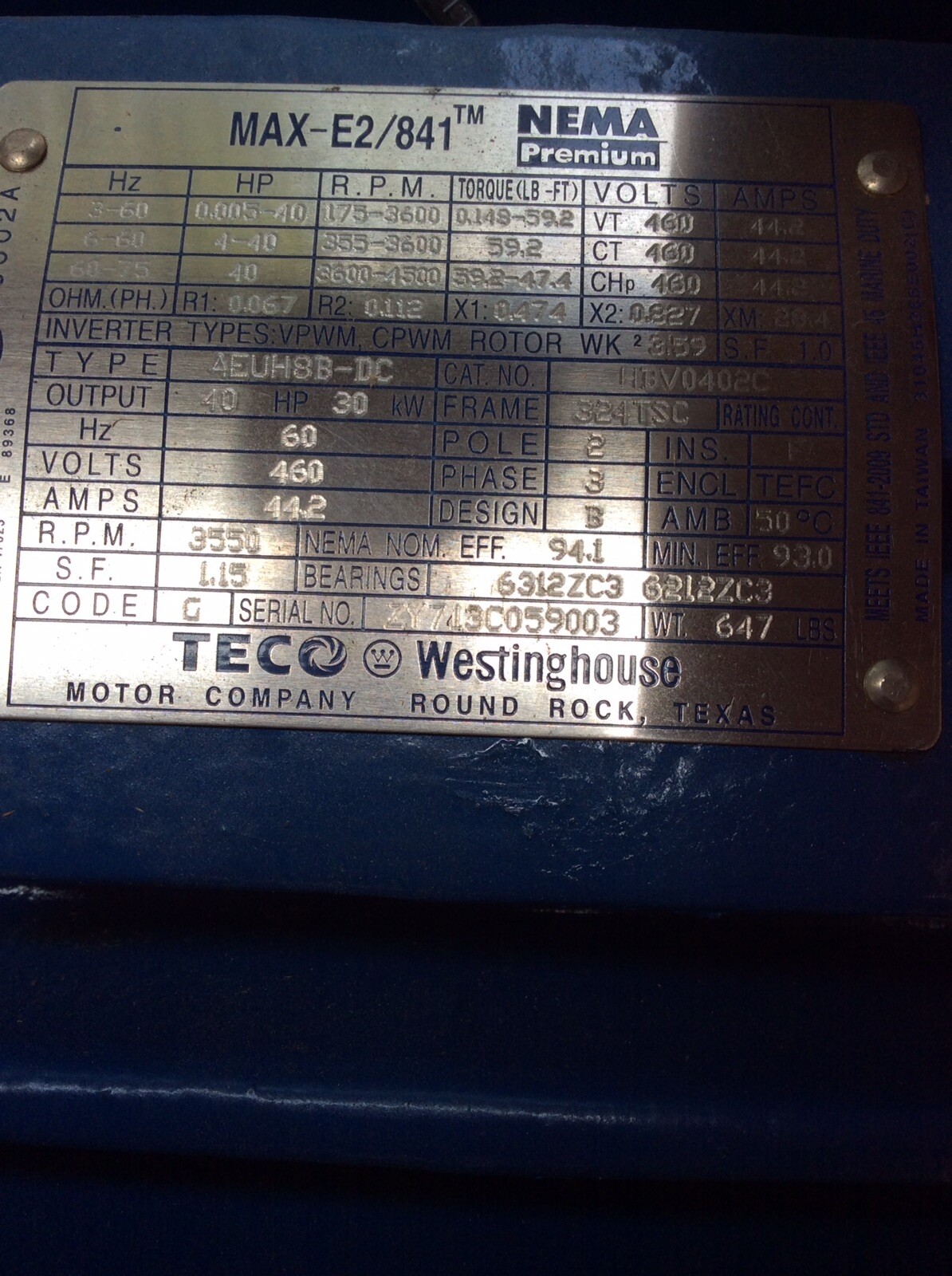 New Teco Westinghouse 40HP HBV0402C AEUH8B 460V 3PH 3550 RPM FRAME ...