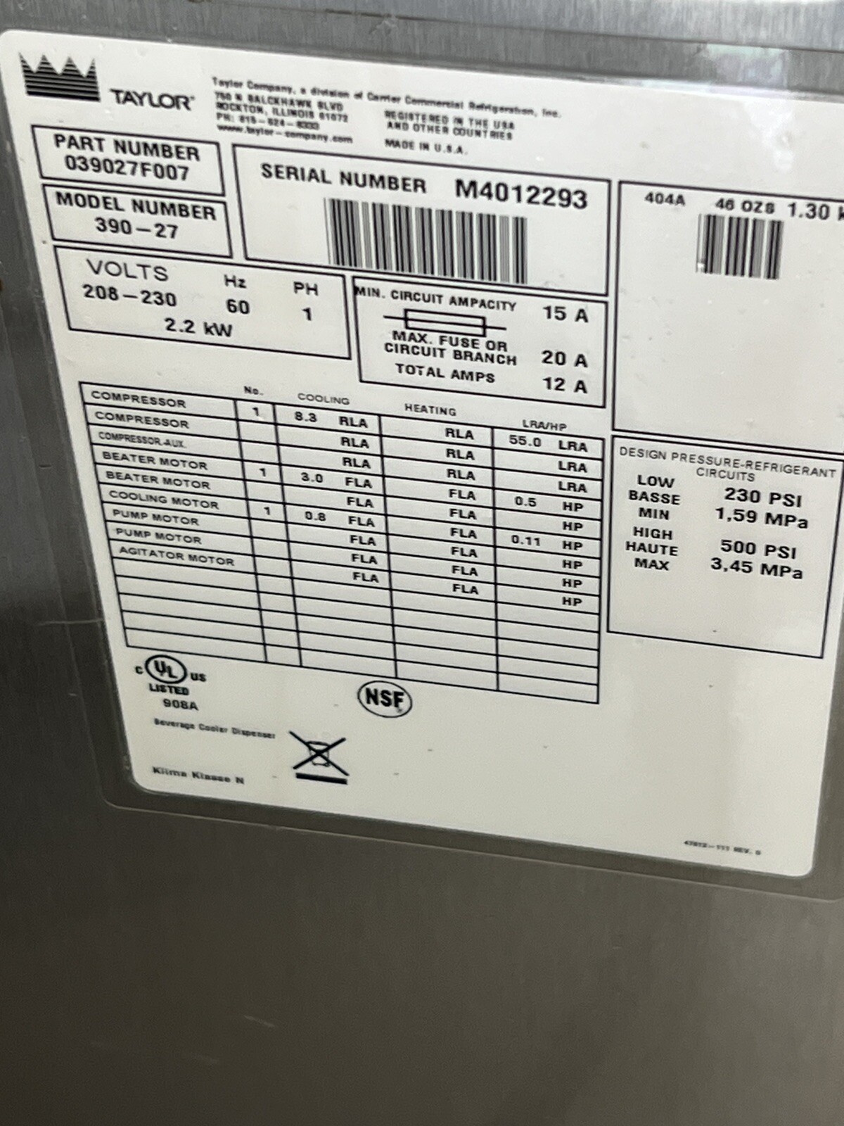 Taylor 39027 Frozen Margarita Machine eBay