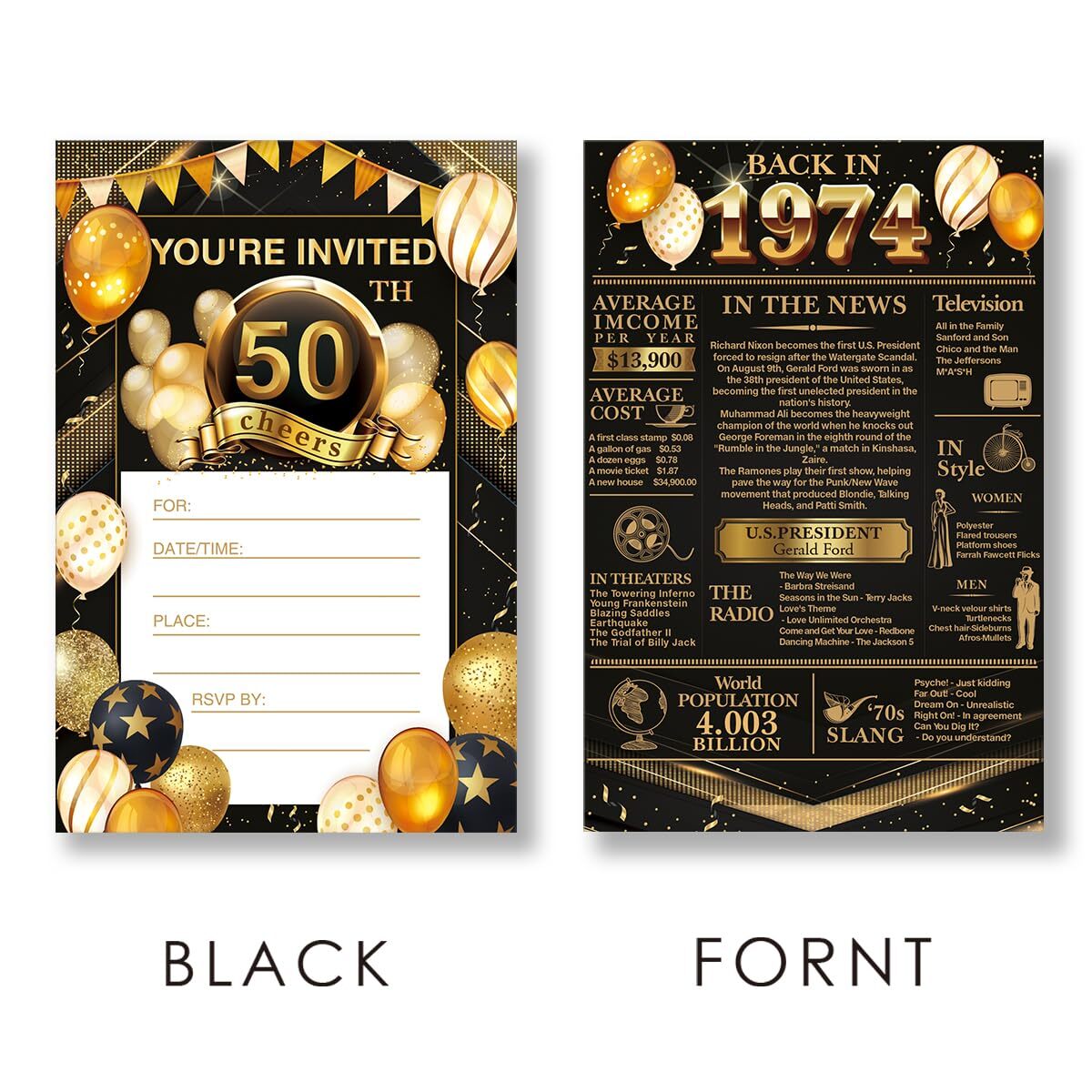 50th Birthday Party Invitations - Back in 1974 Invites Black and 