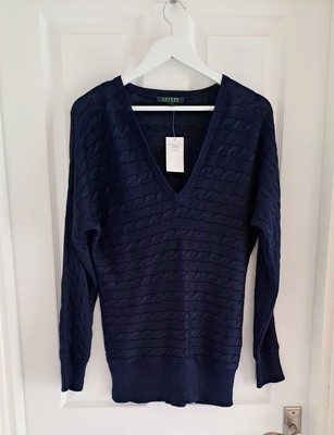 Ralph Lauren V-Ausschnitt Damen Pullover Zopfmuster dunkelblau Pulli Größe L Neu mit Etikett 