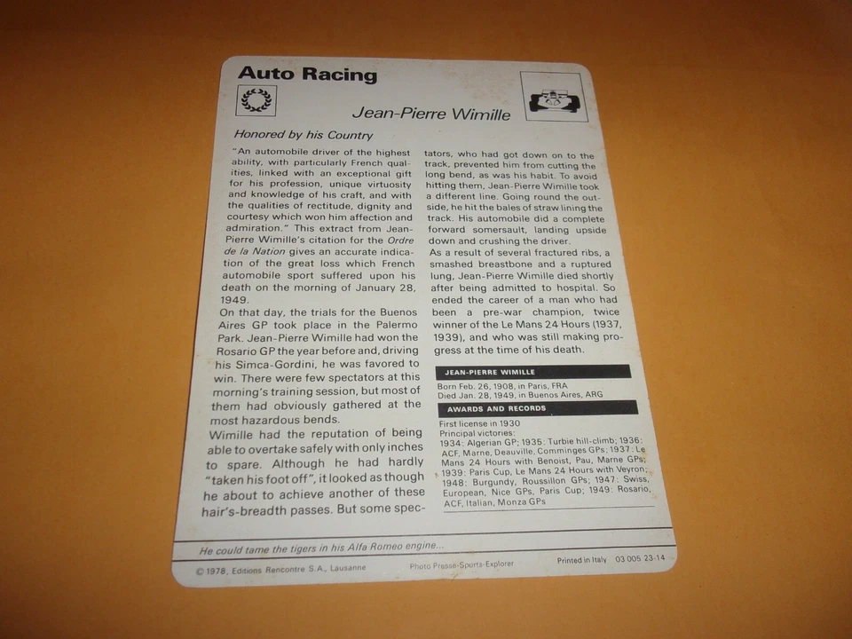 Олимпийская карта 1977-79 Sportscaster АВТОГОНКИ-ЖАН-ПЬЕР ВИМИЛЬ - Изображение 2 из 2