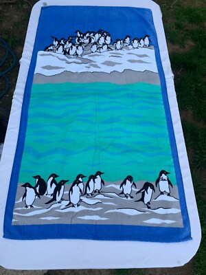 Vintage Penguin Beach Towel Terrimondo Snowy Mountains Penguins Cute Retro