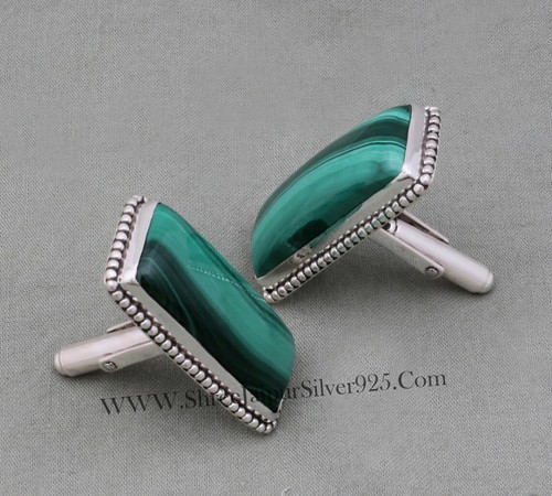 Natural Malachite Gemstone 925 Sterling Silver Cufflinks For Men's Jewelry - Picture 8 of 9