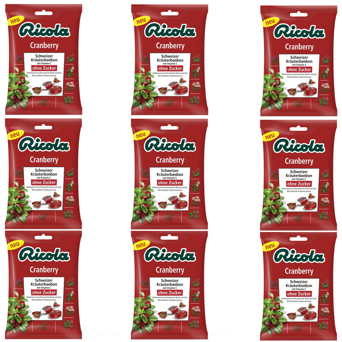 Ricola Cranberry Schweizer Kräuterbonbons ohne Zucker 75g 9er Pack
