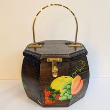 Vtg Hand Painted Box Purse Wooden Octagon Fruit Strawberries Lined Signed Brass