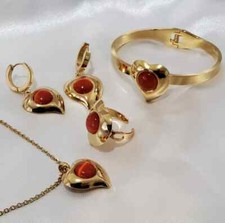 18K Gold Plated Stainless Steel Heart Necklace Bracelet Earring Ring Jewelry Set