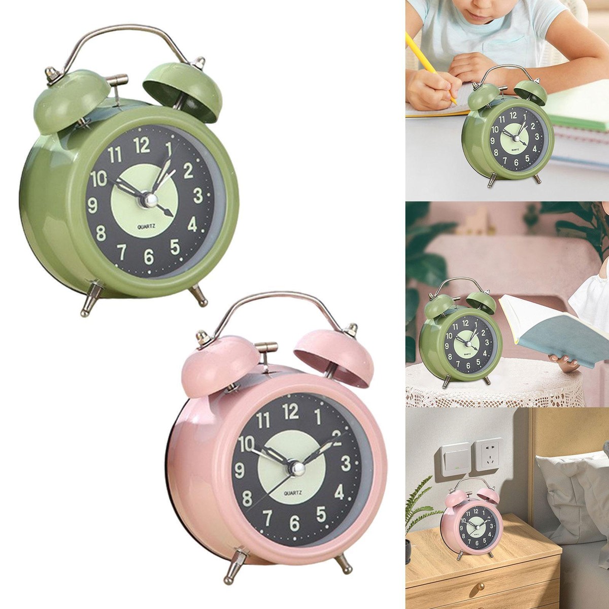 Analog alarm clock with night light, loud alarm for desk, shelf,