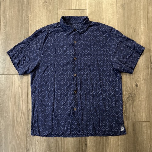 Tommy Bahama Herren L Seide Knopfleiste Kurzarm Hemd Blau All Over Palme