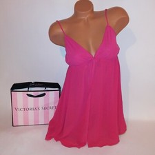 Vintage Victoria Secret Lingerie Babydoll Medium Dark Pink Solid Sheer Flyaway